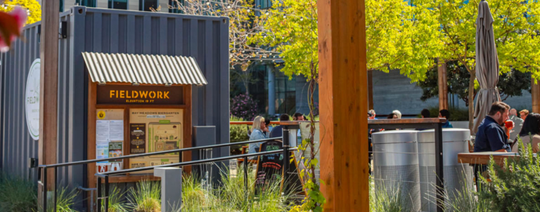 View of the entrance to the San Mateo outdoor beer garden